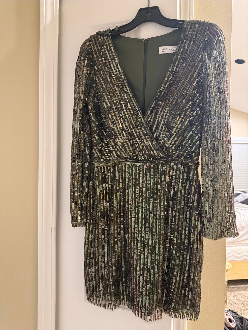 Mac Duggal Olive Green Sequin V-Neck Long Sleeve Dress